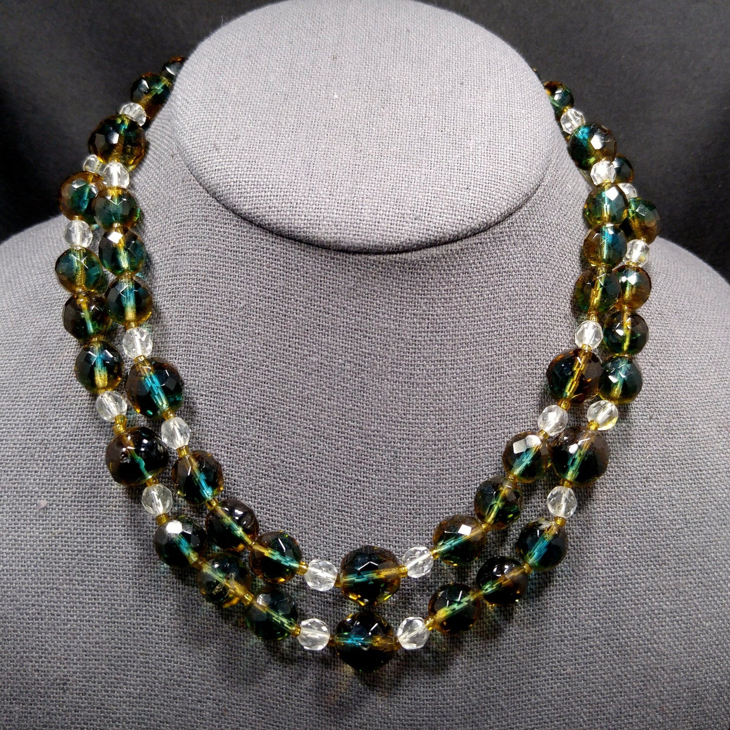 Vintage Czech Two Toned Glass Bead Long Necklace, Teal & Topaz Faceted Beads, 1970s Vintage Jewelry