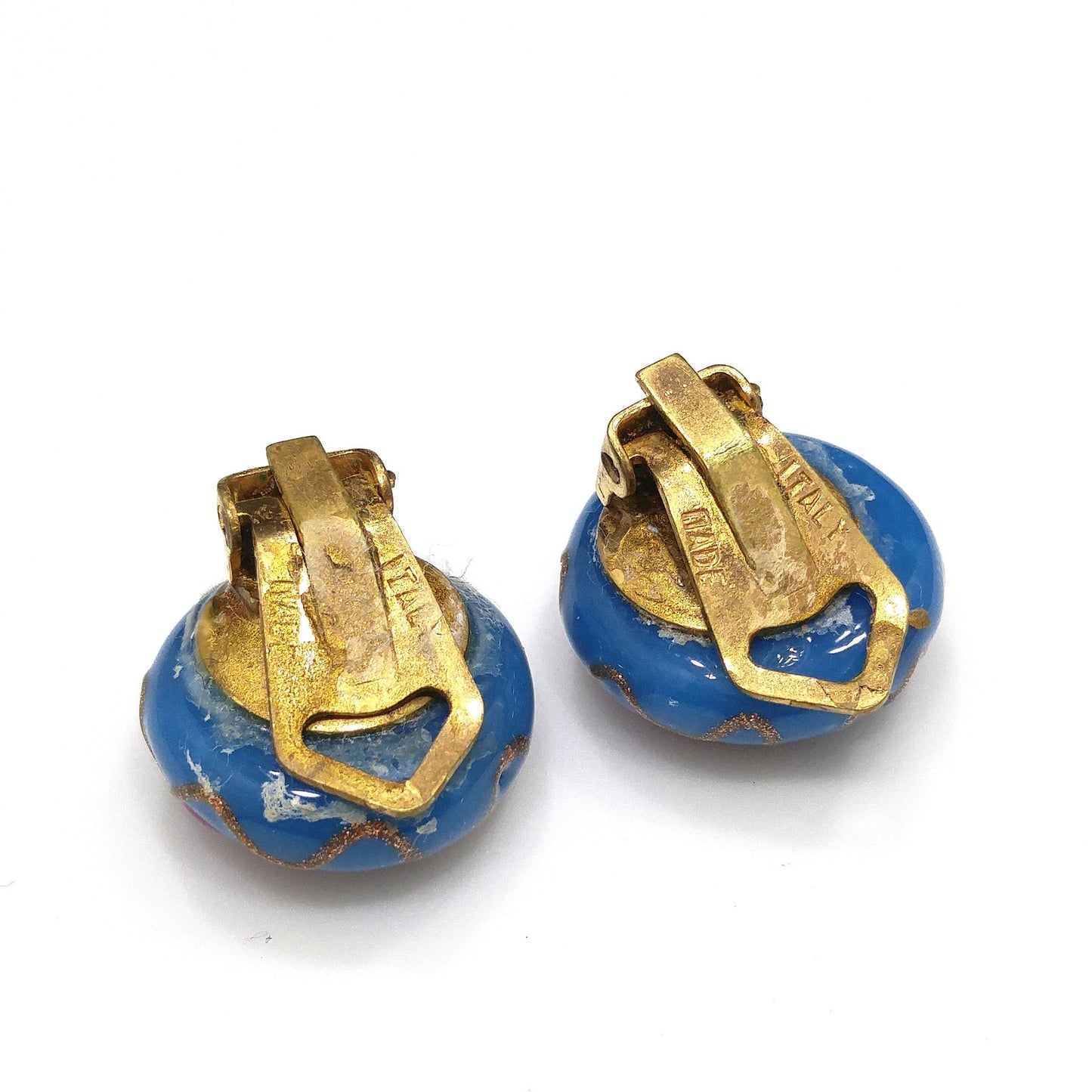 Vintage Italian Wedding Cake Clip Earrings, Blue Pink Roses  1940s