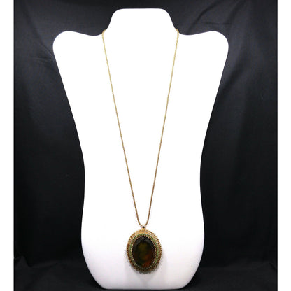 Warner Cameo Intaglio Pendant Necklace, Peridot Rhinestones, 5 Uranium Glass, 1960s Vintage Jewelry