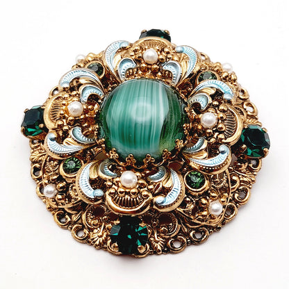 Vintage West Germany 1950s Green Rhinestone Enamel Filigree Faux Pearl Layered Brooch
