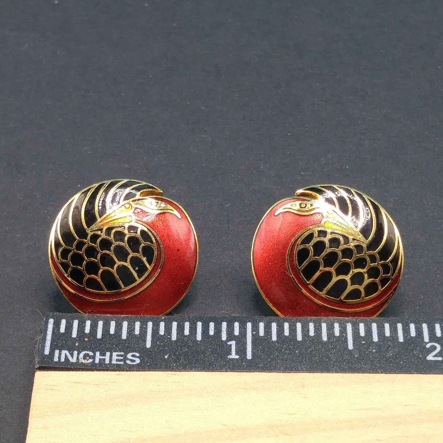 Vintage Laurel Burch "Mynah Bird" Post Earrings, Red Black Enamel, Gold Plated
