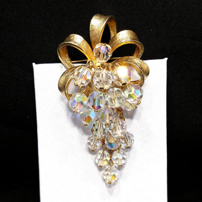 Crystal Beaded Grape Cluster Brooch, Gold Plated Bow, 1960s Vintage Jewelry