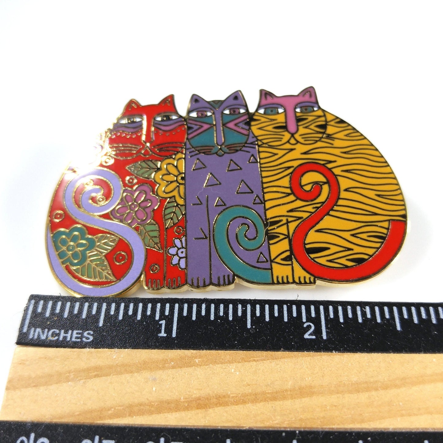 Laurel Burch "Mysticats" Large Cat Brooch, Gold Plated Cloisonne, 1980s