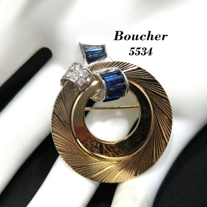 Boucher Blue & Clear Rhinestone Brooch, Number 5534, 1950s Vintage Jewelry