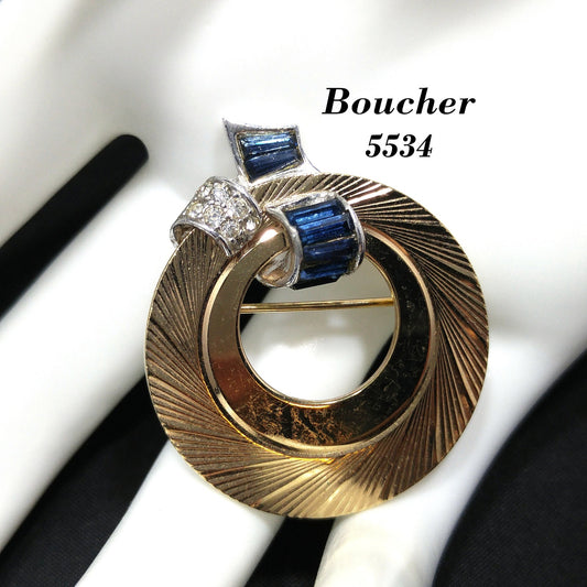 Boucher Blue & Clear Rhinestone Brooch, Number 5534, 1950s Vintage Jewelry