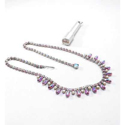 Vintage B. DAVID Pink Red AB Rhinestone Choker Necklace, 1960s, Rhodium Plated