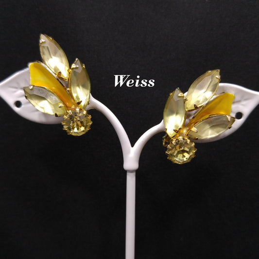 Weiss Yellow Enamel Jonquil Rhinestone Clip Earrings, Gold Plated, 1950s Vintage