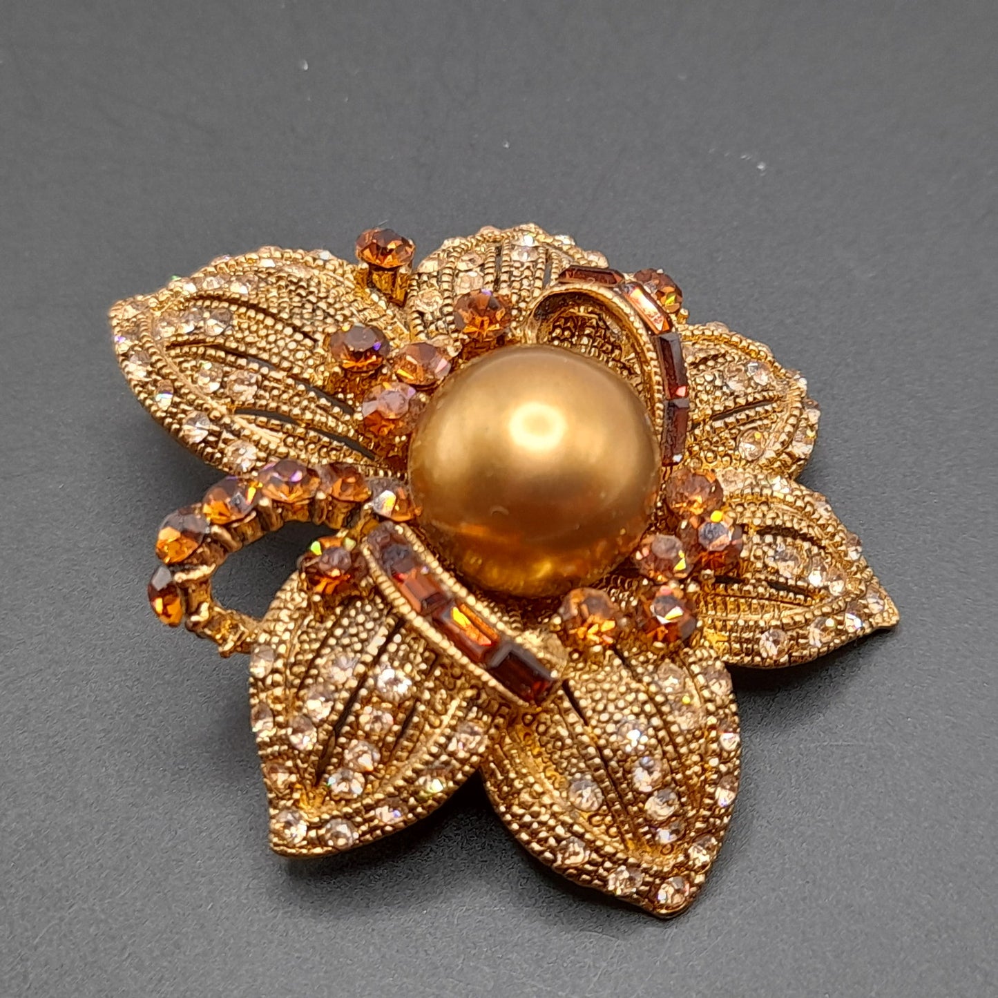 Vintage BJ Rhinestone Faux Pearl Flower Brooch or Pendant - 2 1/4 Inches