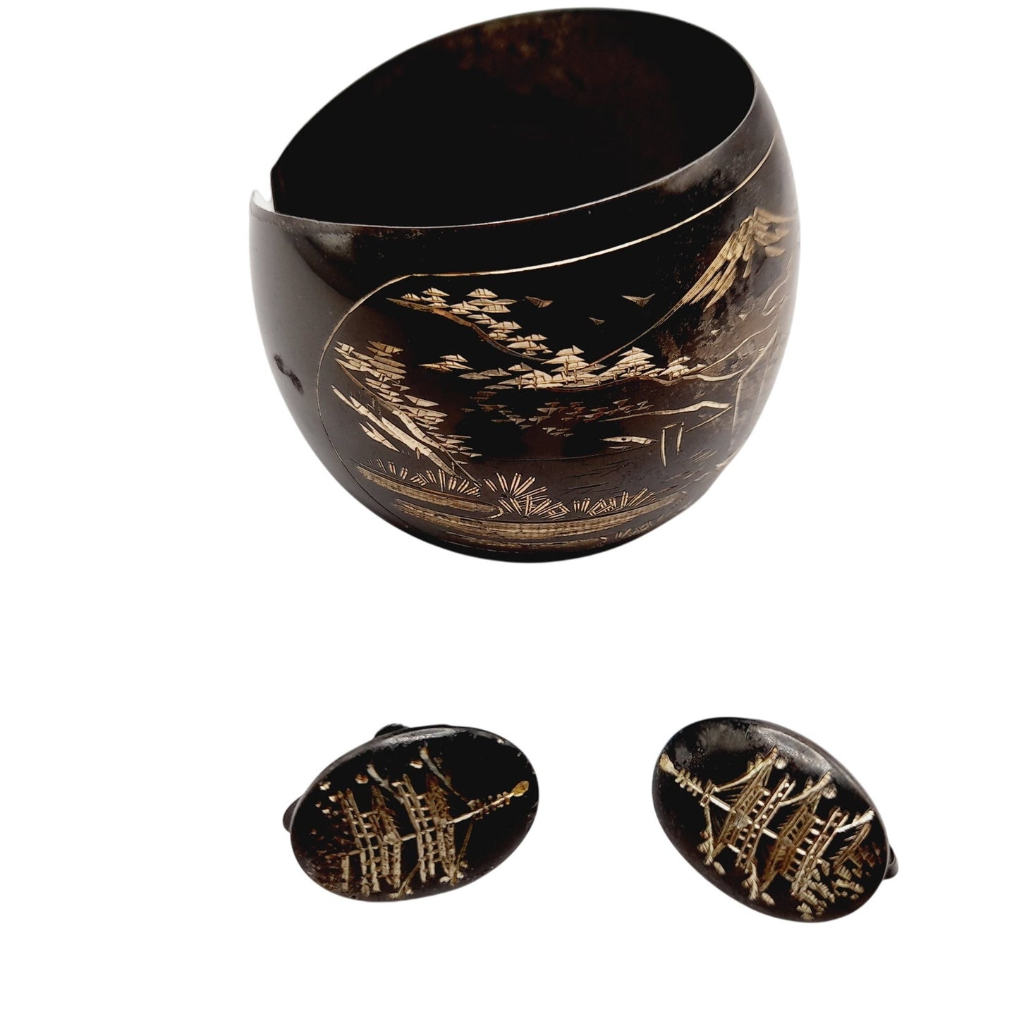 Vintage Japanese Damascene Niello 950 Silver Cuff Bracelet & Screwback Earrings Set