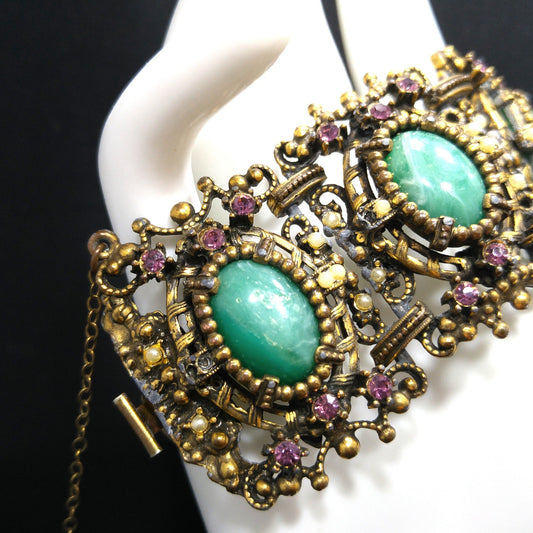 Victorian Style Faux Jade Wide Bracelet, Unsigned Joseff of Hollywood, 1940s Vintage Jewelry