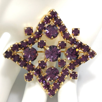 Kramer of New York Purple Rhinestone Brooch, Gold Plated, 1960s Vintage Jewelry
