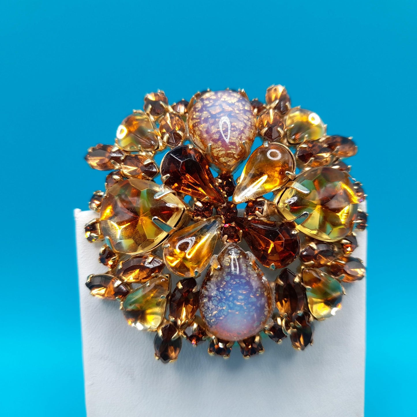 Vintage Weiss Brooch, Art Glass Cabochons, Gold Plated, 1960s Jewelry