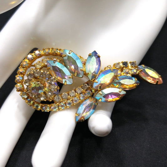 Mid Century Aurora Borealis Rhinestones Floral Wide Brooch, Gold Plated, 1960s Vintage Jewelry