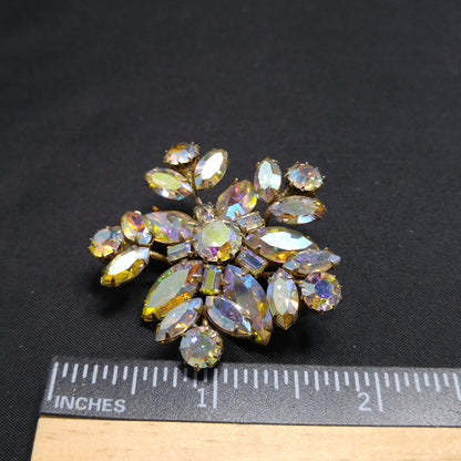 Vintage Sherman Snowflake Rhinestone Brooch, Aurora Borealis, 1960s