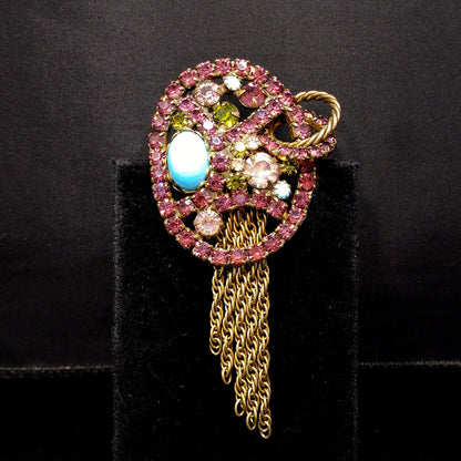 Vintage Purple Rhinestone Turquoise Cabochon Brooch, Antique Gold Tone Fringe Pin