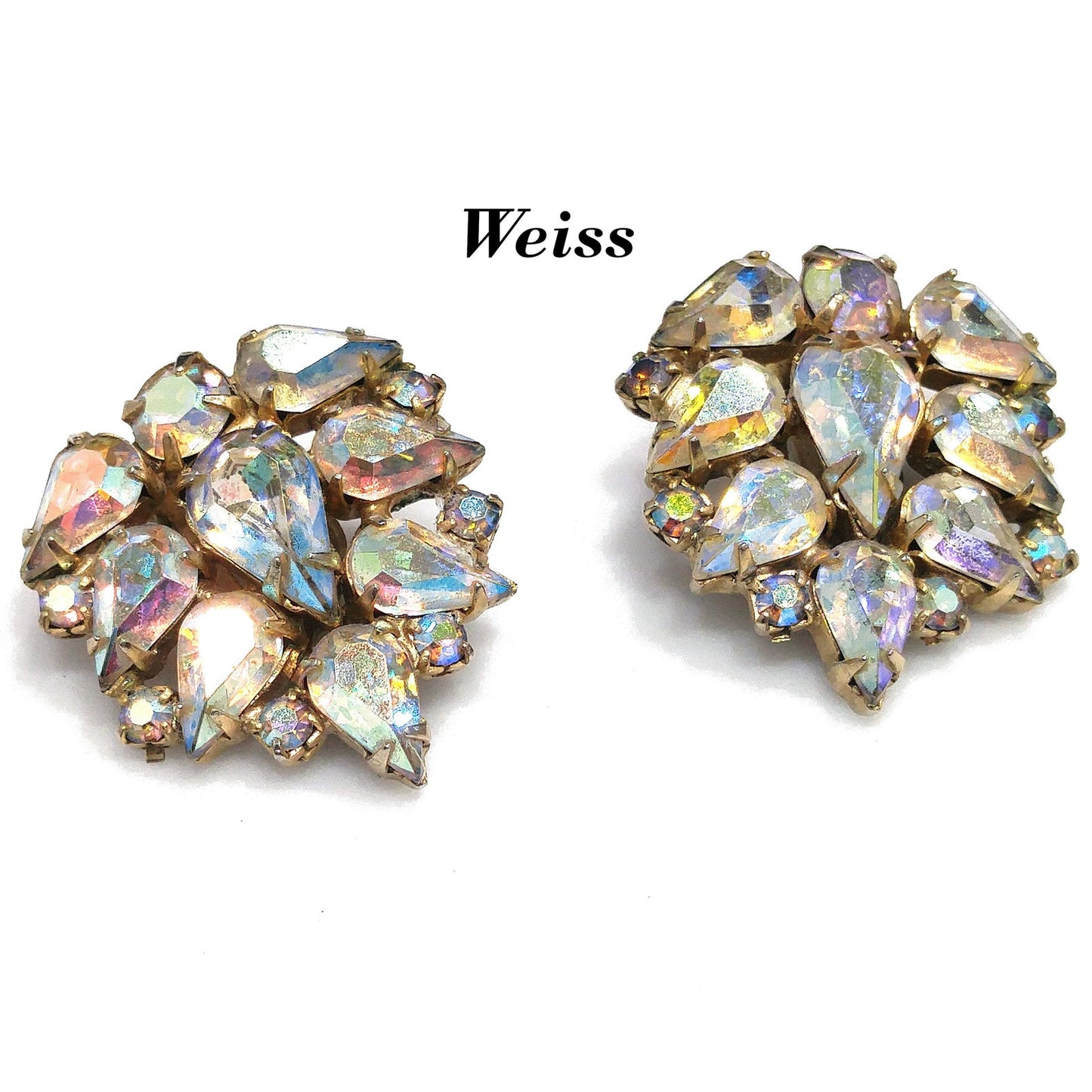 Weiss Aurora Borealis Teardrop Rhinestone Earrings, Gold Plated, 1950s Vintage Jewelry