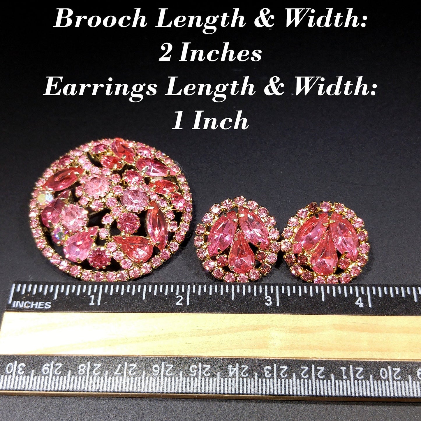 Weiss Pink Rhinestone Brooch & Clip Earrings Set Gold Tone Vintage 1960s