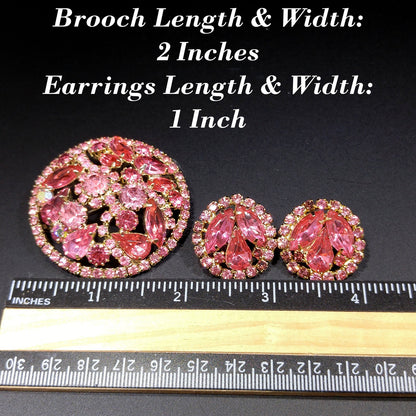 Weiss Pink Rhinestone Brooch & Clip Earrings Set Gold Tone Vintage 1960s