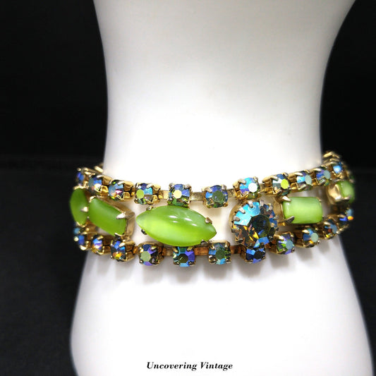 Mid-Century Green Blue AB Rhinestone Bracelet, Aurora Borealis, 1950s Vintage Jewelry