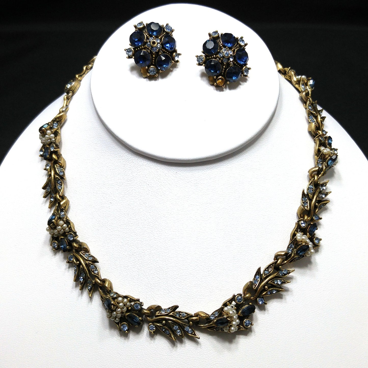 Vintage Hollycraft 1956 Blue Rhinestone Pearl Necklace Earrings Set Gold Tone