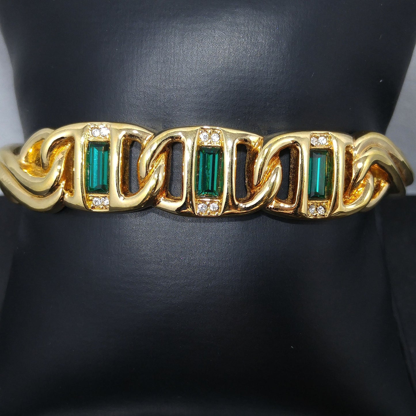 Vintage Swarovski Gold Bracelet – Green & Clear Rhinestones, Swan Logo, 1980s