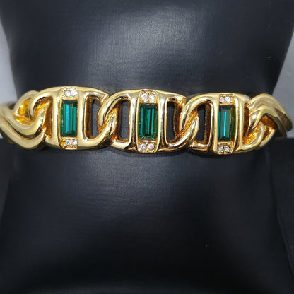 Vintage Swarovski Gold Bracelet – Green & Clear Rhinestones, Swan Logo, 1980s