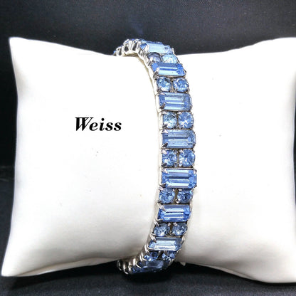 Weiss Baby Blue Rhinestone Cuff Bracelet – 1960s Baguette & Chaton Cut Rhodium Plated