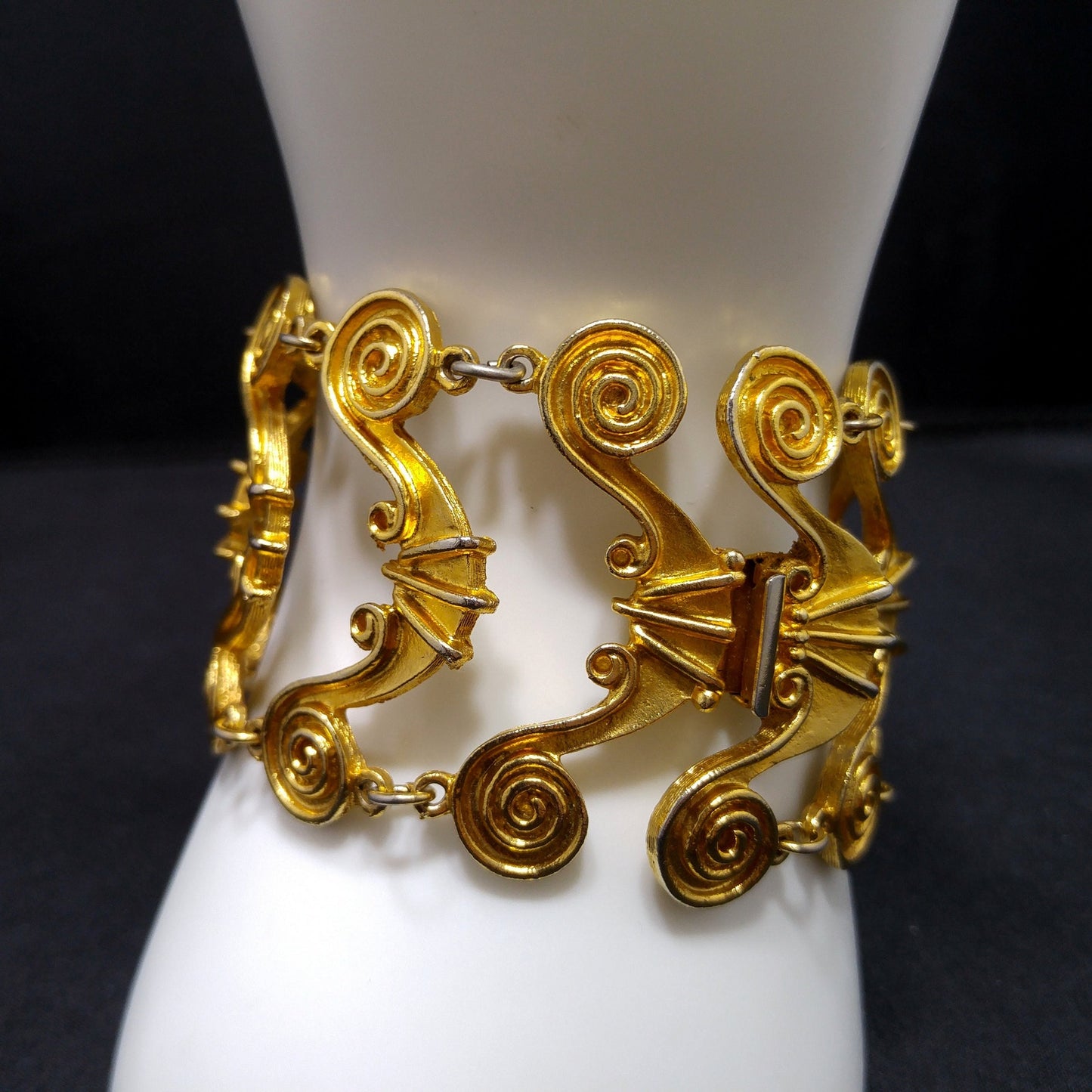 Vintage Vendome Wide Gold Plated Bracelet Swirl Design Hidden Clasp 1950s