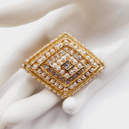 Vintage Rhinestone Faux Pearl Diamond Shaped Brooch Gold Tone Pin - 2 1/4 Inches