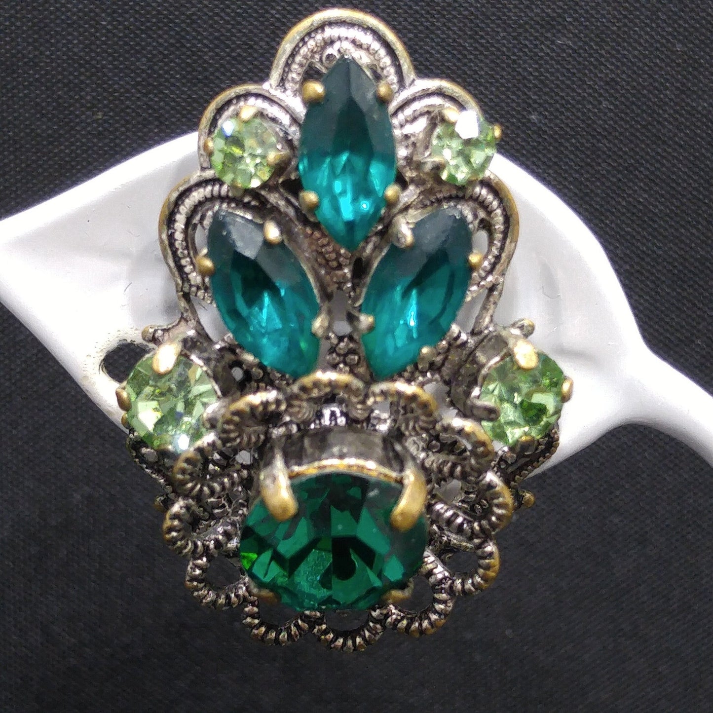 Western Germany Green Filigree Clip Earrings, Light Dark Green Rhinestones, 1950s Vintage Jewelry