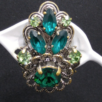 Western Germany Green Filigree Clip Earrings, Light Dark Green Rhinestones, 1950s Vintage Jewelry