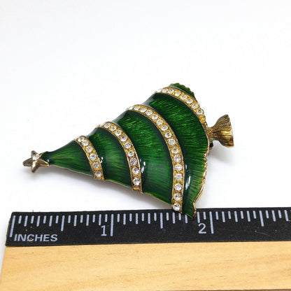 Eisenberg Ice Christmas Tree Brooch, Green Enamel, Gold Plate, 1960s Vintage Jewelry