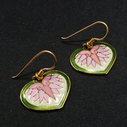 Laurel Burch Hollyhock Floral Earrings, Gold Plated Cloisonne, Enamel, 1980s