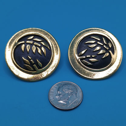 Laurel Burch Bamboo Large Post Earrings, Black Enamel, Gold Plated, 1980s Vintage Jewelry