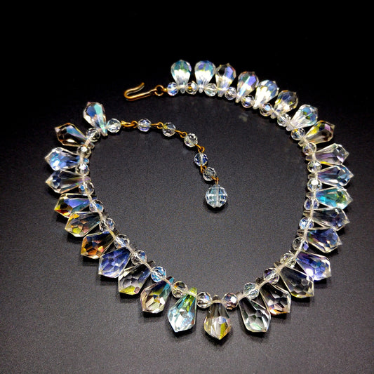 Mid-Century Crystal Teardrop Dangling Necklace, 18mm AB Crystals, 1950s Vintage Jewelry