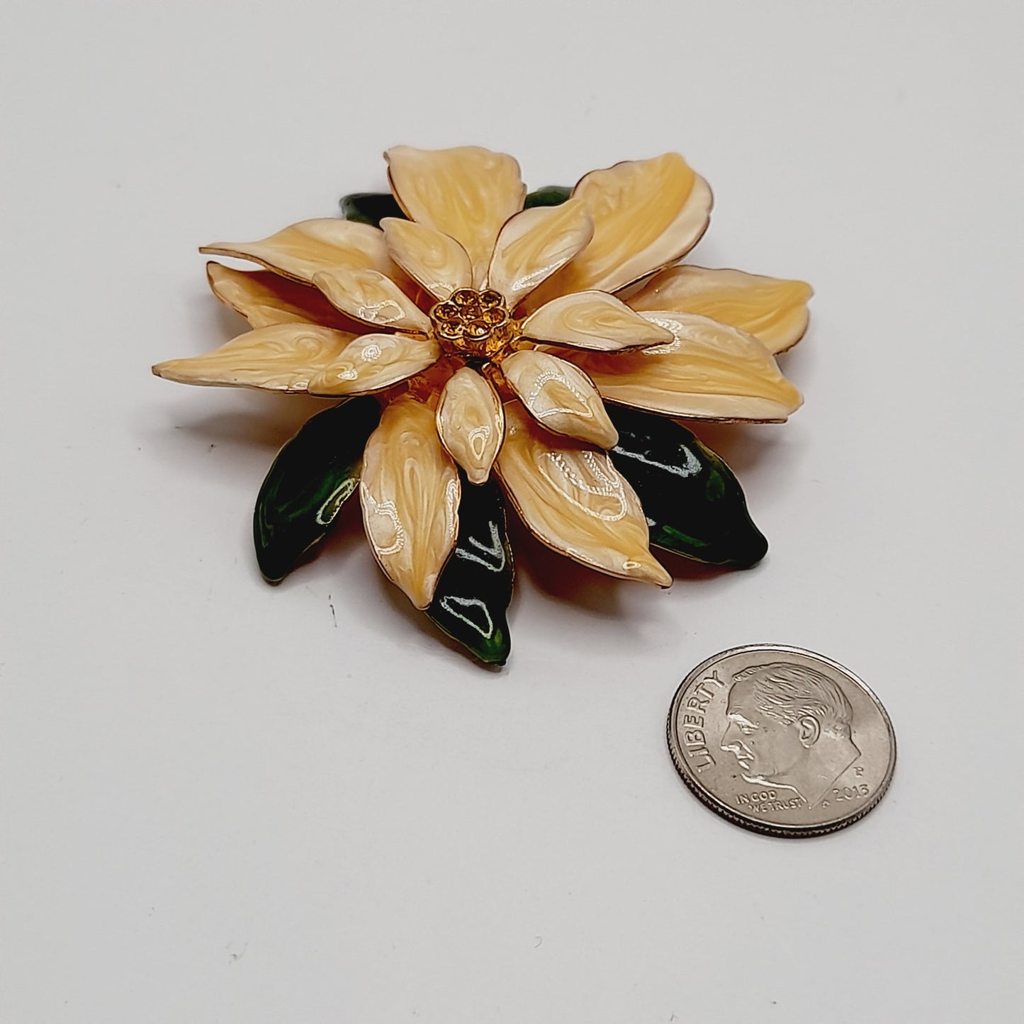 Vintage 1960s Peachy White Green Enamel Poinsettia Brooch