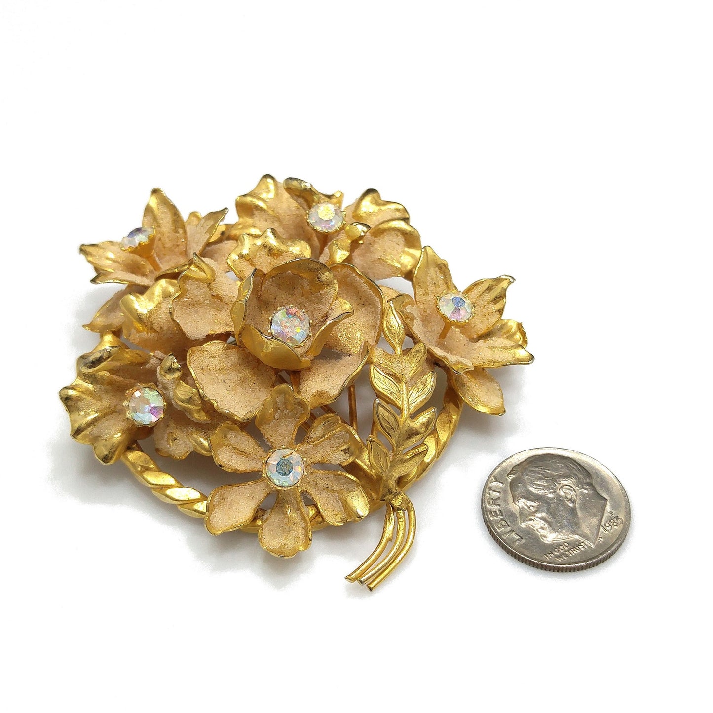 Austria Floral Brooch, Aurora Borealis Rhinestones, Gold Plated Flowers, 1960s Vintage Jewelry