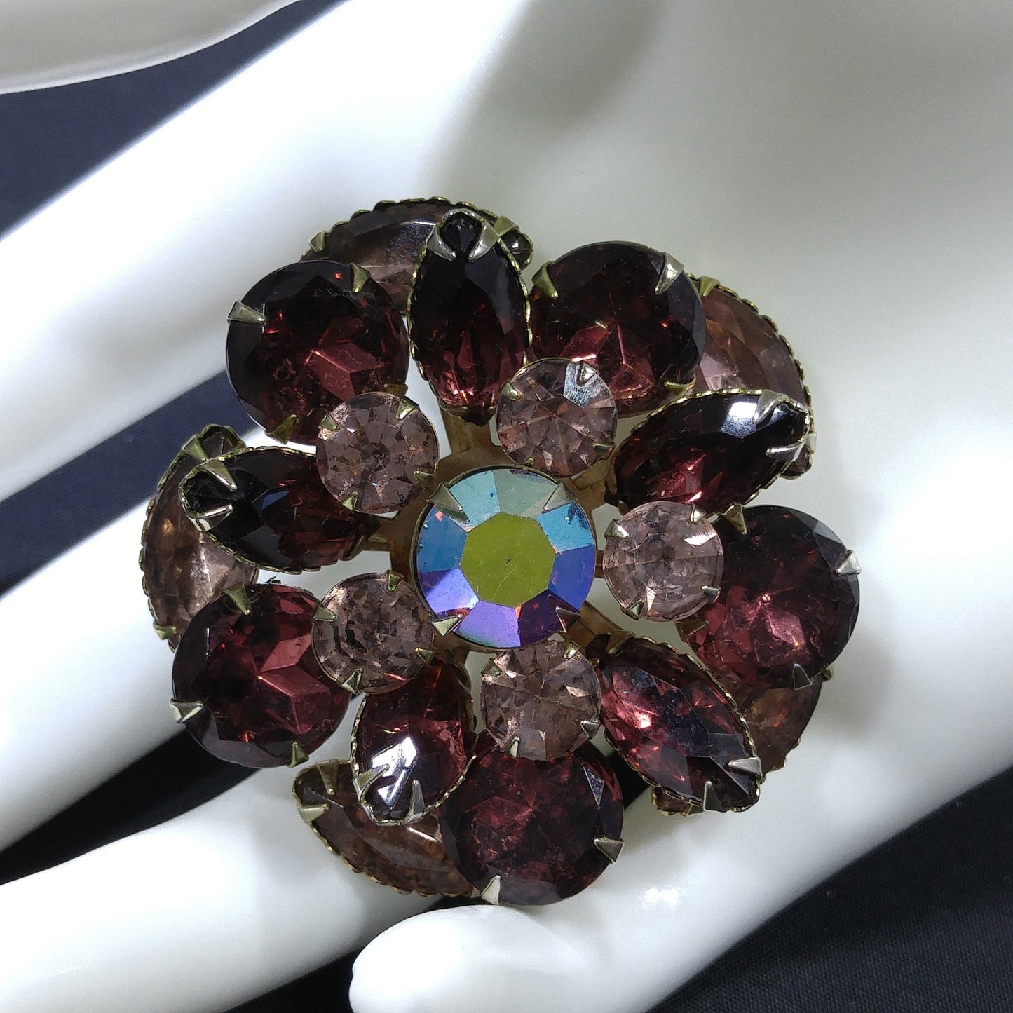 Purple & Lavender Floral Brooch, Aurora Borealis Center, 1950s Vintage Jewelry