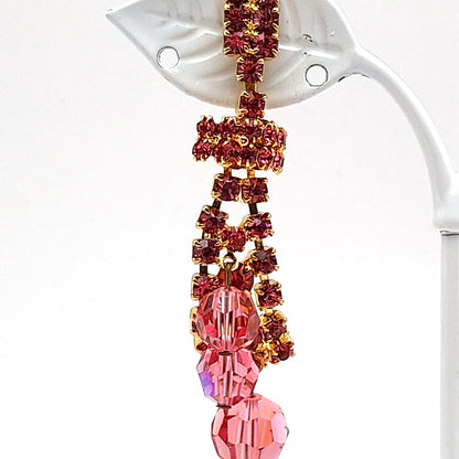 Vintage Pink Rhinestone Crystal Drop Clip On Earrings