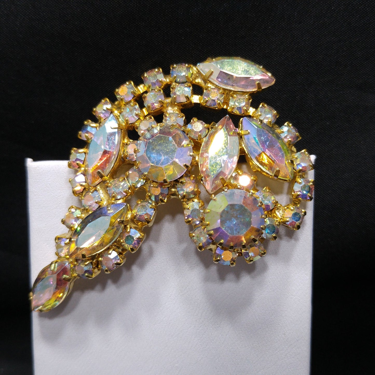 Aurora Borealis Rhinestone Brooch, Gold Plated, AB Clear Rhinestones, 1960s Vintage Jewelry