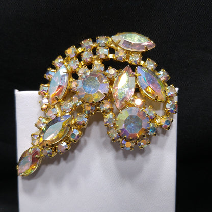 Aurora Borealis Rhinestone Brooch, Gold Plated, AB Clear Rhinestones, 1960s Vintage Jewelry