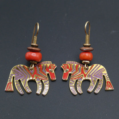 Laurel Burch "Wild Zebra" Earrings, Red Lavender Enamel, Gold Plated, 1980s Vintage Jewelry