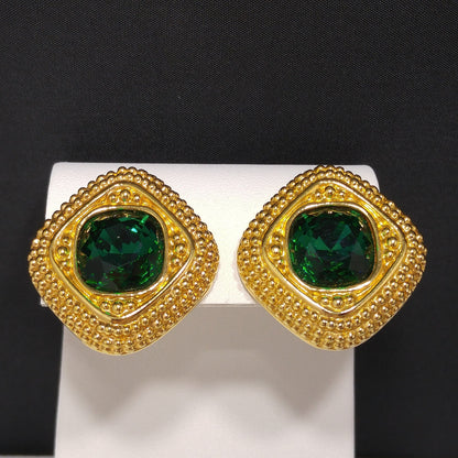 Swarovski Swan Logo Earrings, Emerald Green Crystal, Gold Plated Clip On, 1980s Vintage Jewelry