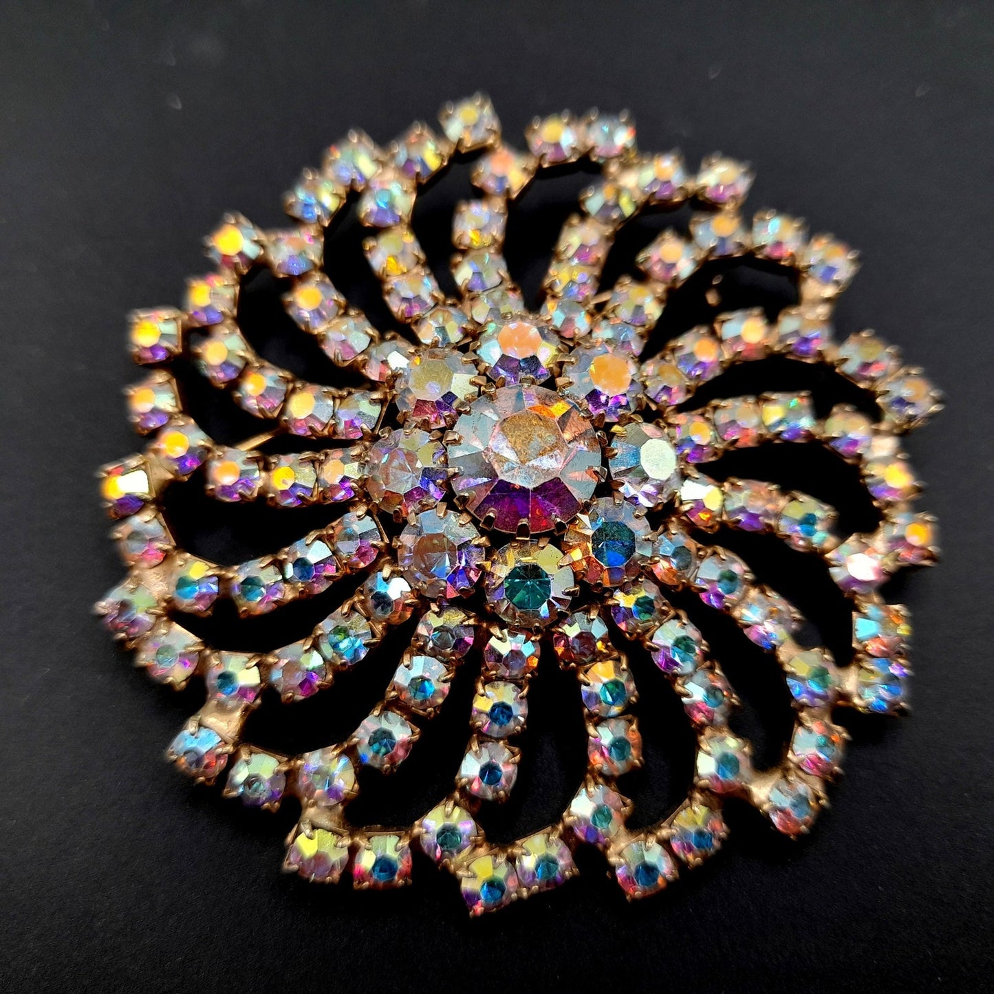 Mid-Century Aurora Borealis Rhinestone Brooch, Gold Plated, 1960s Vintage Jewelry