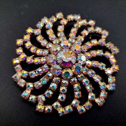 Mid-Century Aurora Borealis Rhinestone Brooch, Gold Plated, 1960s Vintage Jewelry