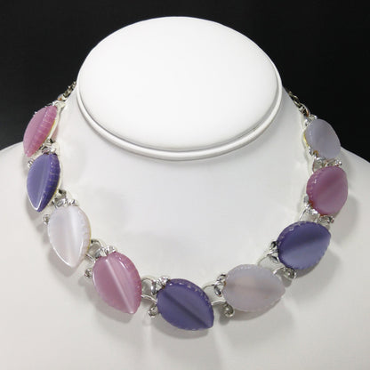 Vintage Lisner Leaves Necklace, Lavender Pink White Lucite, 1950s
