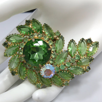 Peridot Green Floral Spray Brooch, Large Green Rhinestone, 1960s Vintage Jewelry