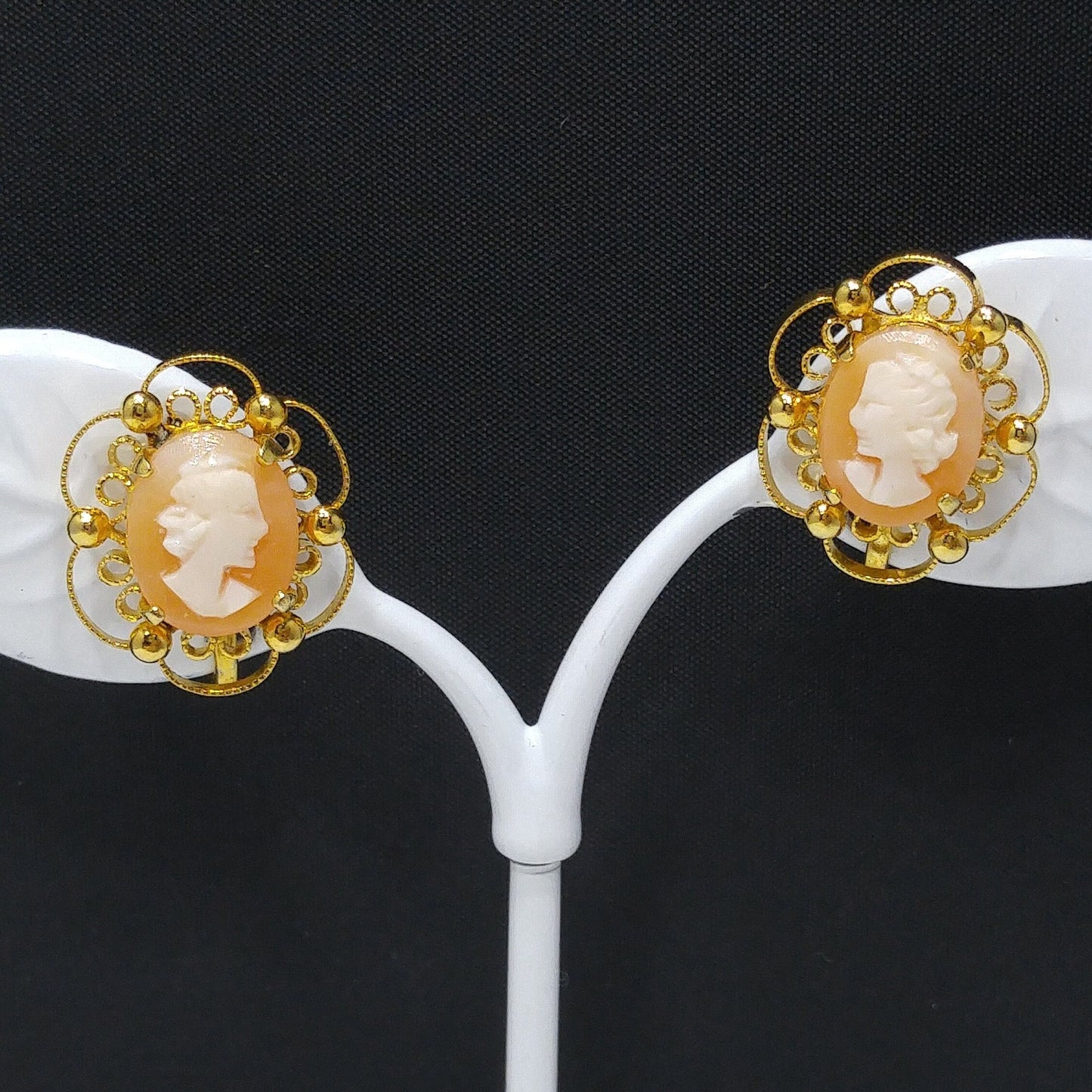 Sorrento Shell Cameo Clip Earrings, 12K Gold Filled, 1950s Vintage Jewelry
