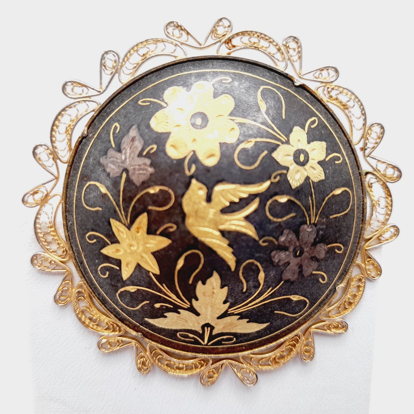 Vintage Spanish Damascene Filigree Bird Flower Gold Inlay Brooch – 2 1/4”