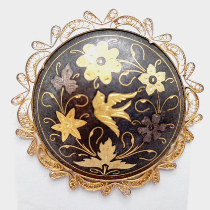 Vintage Spanish Damascene Filigree Bird Flower Gold Inlay Brooch – 2 1/4”